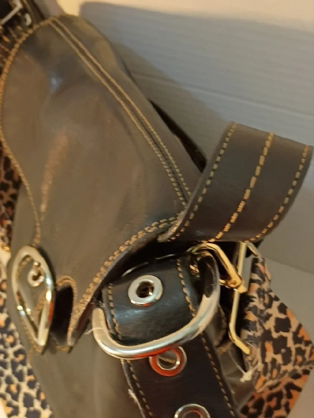 Coach Leather Crossbody Bag with Leopard Strap - Black